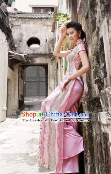 Traditional Top Grade Asian Vietnamese Dress, Vietnam National Female Handmade Ao Dai Dress Women Pink Printing Full Dress Ao Dai Cheongsam Clothing