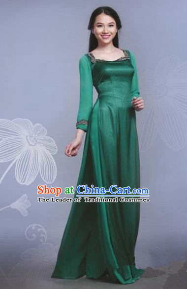 Traditional Top Grade Asian Vietnamese Dress, Vietnam National Female Handmade Ao Dai Dress Bride Wedding Green Silk Cheongsam Clothing