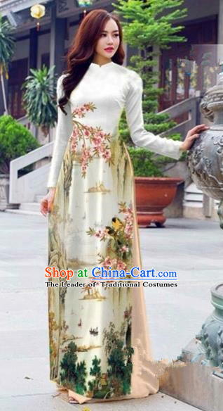 Traditional Top Grade Asian Vietnamese Costumes Dance Dress, Vietnam National Female Handmade White Printing Flowers Ao Dai Dress Cheongsam Clothing for Women