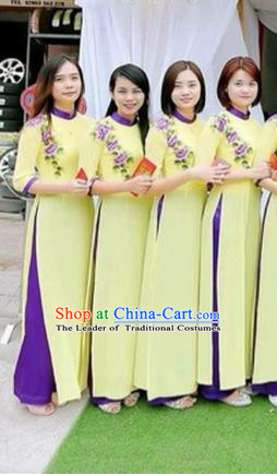 Traditional Top Grade Asian Vietnamese Costumes Dance Dress, Vietnam National Female Handmade Wedding Green Bridesmaid Ao Dai Dress Cheongsam Clothing for Women