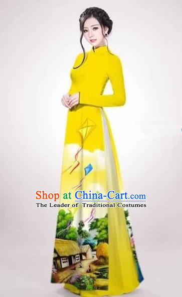 Traditional Top Grade Asian Vietnamese Costumes Dance Dress, Vietnam National Female Handmade Queen Printing Yellow Ao Dai Dress Cheongsam Clothing for Women
