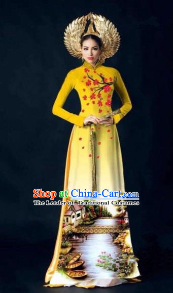Traditional Top Grade Asian Vietnamese Costumes Dance Dress, Vietnam National Women Ao Dai Dress Printing Plum Blossom Yellow Cheongsam Clothing