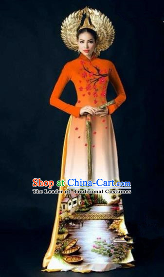 Traditional Top Grade Asian Vietnamese Costumes Dance Dress, Vietnam National Women Ao Dai Dress Printing Plum Blossom Orange Cheongsam Clothing
