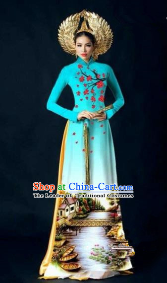 Traditional Top Grade Asian Vietnamese Costumes Dance Dress, Vietnam National Women Ao Dai Dress Printing Plum Blossom Blue Cheongsam Clothing