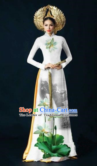 Traditional Top Grade Asian Vietnamese Costumes Dance Dress, Vietnam National Women Ao Dai Dress Ink Painting Lotus White Cheongsam Clothing