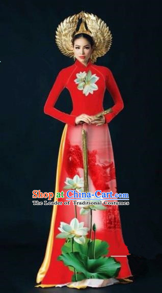 Traditional Top Grade Asian Vietnamese Costumes Dance Dress, Vietnam National Women Ao Dai Dress Ink Painting Lotus Red Cheongsam Clothing