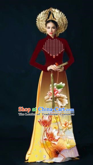 Traditional Top Grade Asian Vietnamese Costumes Dance Dress, Vietnam National Women Ao Dai Dress Ink Painting Lotus Wine Red Cheongsam Clothing