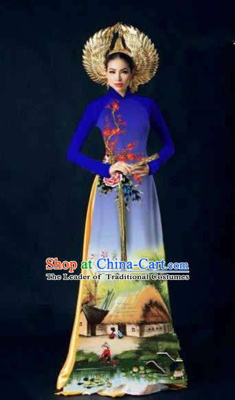 Traditional Top Grade Asian Vietnamese Costumes Dance Dress, Vietnam National Women Ao Dai Dress Landscape Painting Cheongsam Clothing