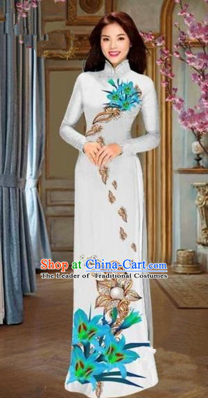 Traditional Top Grade Asian Vietnamese Costumes Dance Dress and Pants, Vietnam National Female Handmade Printing Blue Flowers Ao Dai Dress Cheongsam Clothing for Women