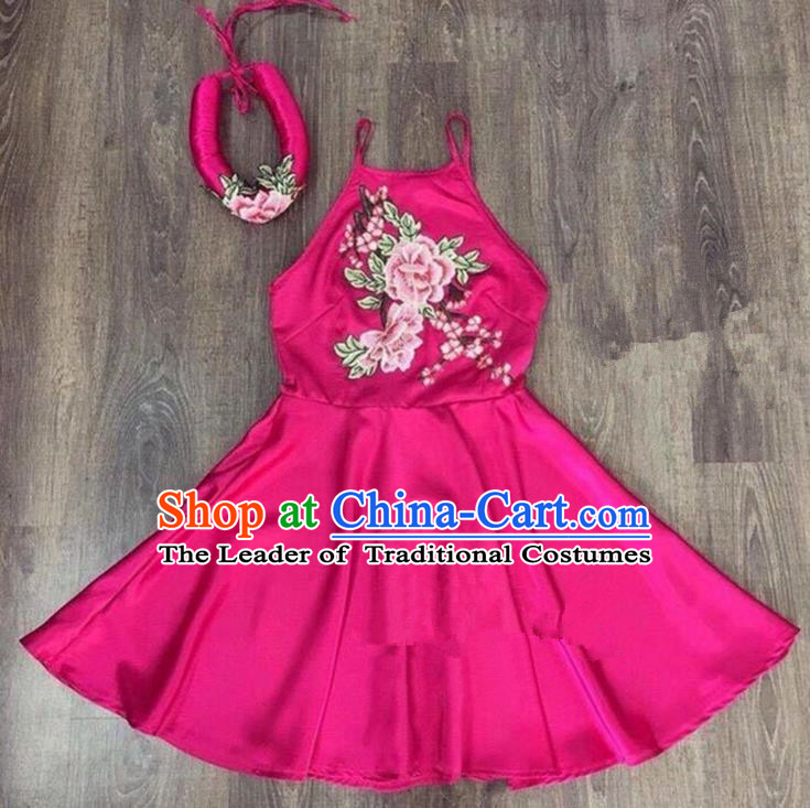 Traditional Top Grade Asian Vietnamese Costumes Dance Dress, Vietnam National Female Handmade Embroidery Flowers Rose Bellyband Ao Dai Dress Cheongsam Clothing for Women