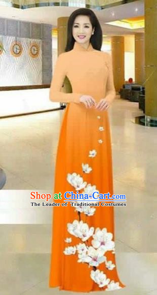 Traditional Top Grade Asian Vietnamese Costumes Dance Dress, Vietnam National Female Printing Flowers Orange Ao Dai Dress Stand Collar Cheongsam Clothing for Women