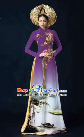 Traditional Top Grade Asian Vietnamese Costumes Dance Dress and Pants, Vietnam National Female Printing Crane Purple Ao Dai Dress Cheongsam Clothing Complete Set for Women