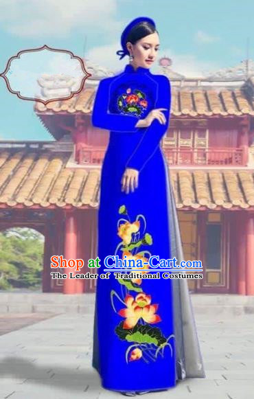 Traditional Top Grade Asian Vietnamese Costumes Dance Dress and Pants, Vietnam National Female Printing Royalblue Ao Dai Dress Cheongsam Clothing Complete Set for Women