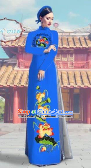 Traditional Top Grade Asian Vietnamese Costumes Dance Dress, Vietnam National Female Printing Lotus Blue Ao Dai Dress Cheongsam Clothing Complete Set for Women