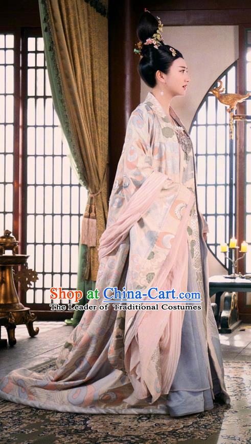 Traditional Chinese Ancient Princess Consort Costumes and Handmade Headpiece Complete Set, The Glory of Tang Dynasty Senior Concubine Trailing Dress Clothing for Women