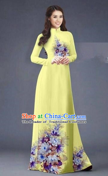 Traditional Top Grade Asian Vietnamese Costumes Dance Dress, Vietnam National Women Ao Dai Dress Printing Flowers Long Yellow Cheongsam Clothing