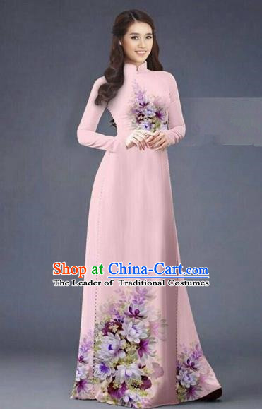 Traditional Top Grade Asian Vietnamese Costumes Dance Dress, Vietnam National Women Ao Dai Dress Printing Flowers Long Pink Cheongsam Clothing