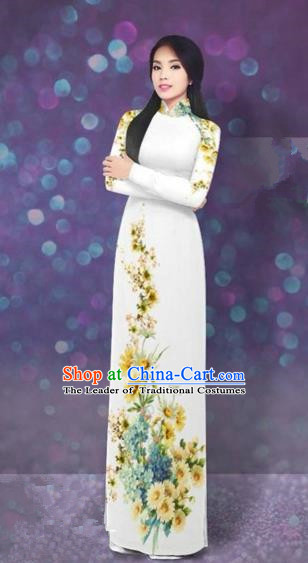 Traditional Top Grade Asian Vietnamese Costumes Dance Dress, Vietnam National Women Ao Dai Dress Printing Daisy Yellow Flowers Long White Cheongsam Clothing