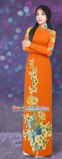 Traditional Top Grade Asian Vietnamese Costumes Dance Dress, Vietnam National Women Ao Dai Dress Printing Daisy Flowers Long Orange Cheongsam Clothing