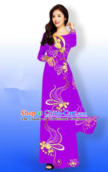 Traditional Top Grade Asian Vietnamese Costumes Dance Dress and Loose Pants, Vietnam National Women Ao Dai Dress Printing Long Purple Cheongsam Clothing Complete Set