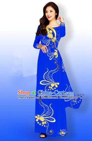Traditional Top Grade Asian Vietnamese Costumes Dance Dress and Loose Pants, Vietnam National Women Ao Dai Dress Printing Long Royalblue Cheongsam Clothing Complete Set