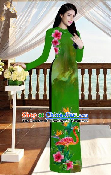 Traditional Top Grade Asian Vietnamese Costumes, Vietnam National Ao Dai Dress Printing Flowers Crane Green Qipao for Women