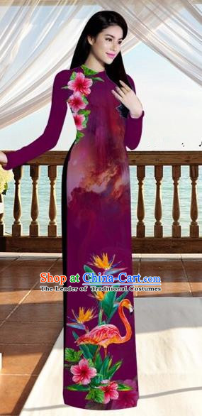 Traditional Top Grade Asian Vietnamese Costumes, Vietnam National Ao Dai Dress Printing Flowers Crane Amaranth Qipao for Women