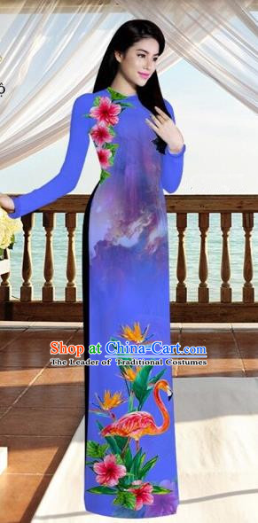 Traditional Top Grade Asian Vietnamese Costumes, Vietnam National Ao Dai Dress Printing Flowers Crane Bluish Violet Qipao for Women