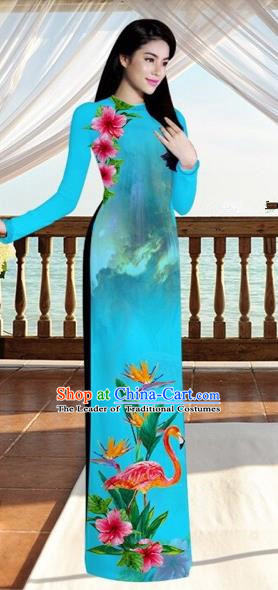 Traditional Top Grade Asian Vietnamese Costumes, Vietnam National Ao Dai Dress Printing Flowers Crane Peacock Blue Qipao for Women