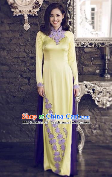 Traditional Top Grade Asian Vietnamese Costumes Hand Embroidery Full Dress, Vietnam National Ao Dai Dress Yellow Qipao for Women