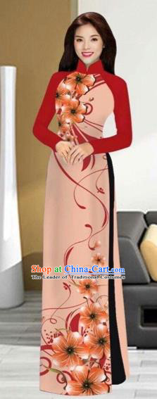 Traditional Top Grade Asian Vietnamese Costumes Handmade Red Full Dress, Vietnam National Ao Dai Dress Etiquette Qipao for Women