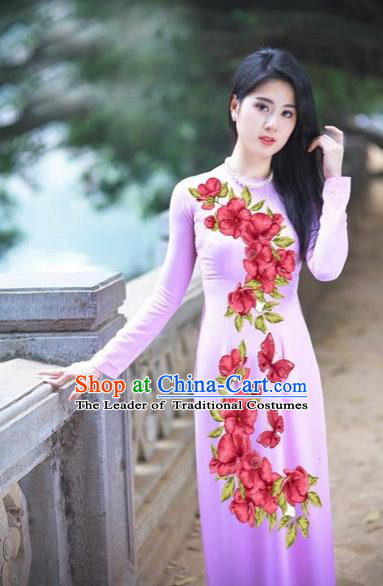Traditional Top Grade Asian Vietnamese Costumes Classical Printing Red Flowers Full Dress, Vietnam National Ao Dai Dress Etiquette Qipao for Women