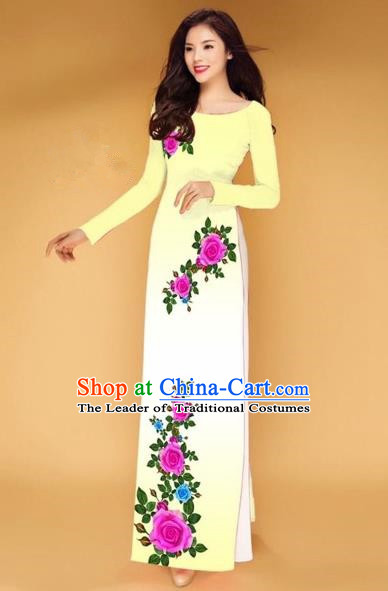 Traditional Top Grade Asian Vietnamese Costumes Classical Printing Rose Flowers Full Dress, Vietnam National Ao Dai Dress Yellow Etiquette Qipao for Women