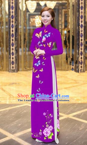 Traditional Top Grade Asian Vietnamese Costumes Classical Printing Butterfly Pattern Full Dress, Vietnam National Ao Dai Dress Purple Etiquette Qipao for Women