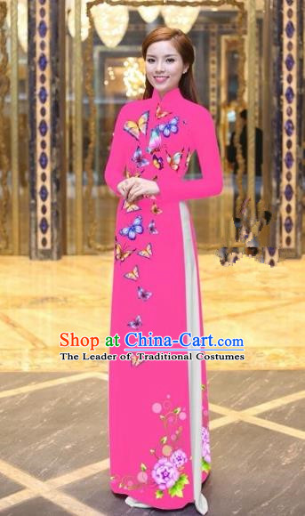 Traditional Top Grade Asian Vietnamese Costumes Classical Printing Butterfly Pattern Full Dress, Vietnam National Ao Dai Dress Pink Etiquette Qipao for Women