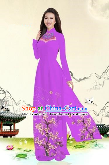 Traditional Top Grade Asian Vietnamese Costumes Classical Plum Blossom Pattern Full Dress, Vietnam National Ao Dai Dress Violet Etiquette Qipao for Women