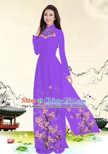 Traditional Top Grade Asian Vietnamese Costumes Classical Plum Blossom Pattern Full Dress, Vietnam National Ao Dai Dress Modena Etiquette Qipao for Women