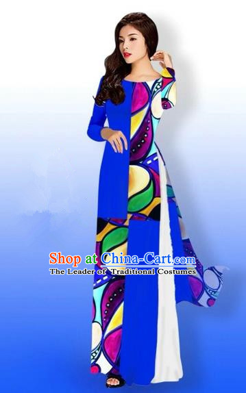 Traditional Top Grade Asian Vietnamese Costumes Classical Printing Full Dress, Vietnam National Ao Dai Dress Bride Royalblue Qipao for Women
