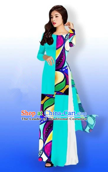 Traditional Top Grade Asian Vietnamese Costumes Classical Printing Full Dress, Vietnam National Ao Dai Dress Bride Blue Qipao for Women