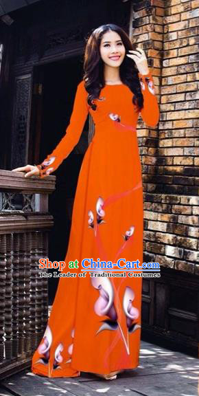Traditional Top Grade Asian Vietnamese Costumes Classical Printing Flowers Pattern Full Dress, Vietnam National Ao Dai Dress Orange Etiquette Qipao for Women
