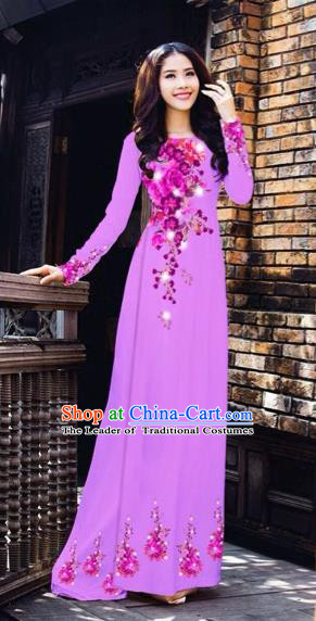 Traditional Top Grade Asian Vietnamese Costumes Dance Dress, Vietnam National Women Ao Dai Dress Printing Flowers Purple Cheongsam Clothing