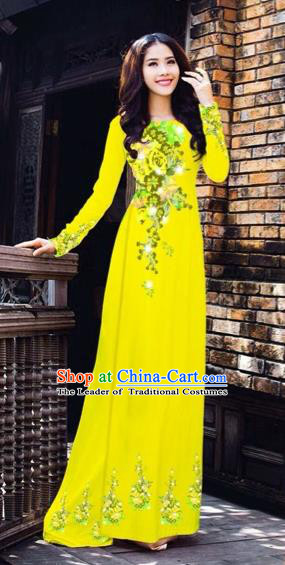 Traditional Top Grade Asian Vietnamese Costumes Dance Dress, Vietnam National Women Ao Dai Dress Printing Flowers Yellow Cheongsam Clothing