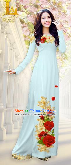 Traditional Top Grade Asian Vietnamese Costumes, Vietnam National Ao Dai Dress Printing Flowers Light Blue Qipao for Women