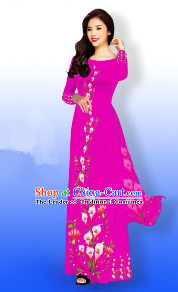 Traditional Top Grade Asian Vietnamese Costumes Full Dress, Vietnam National Ao Dai Dress Printing Rosy Qipao for Women
