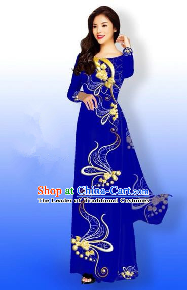 Traditional Top Grade Asian Vietnamese Costumes Full Dress, Vietnam National Ao Dai Dress Printing Royalblue Qipao for Women