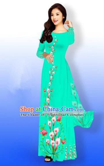 Traditional Top Grade Asian Vietnamese Costumes Full Dress, Vietnam National Ao Dai Dress Printing Green Qipao for Women