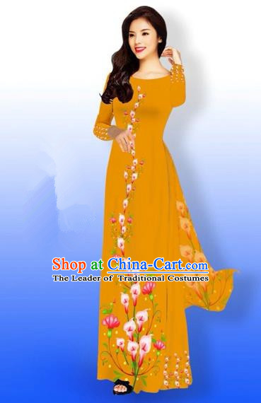 Traditional Top Grade Asian Vietnamese Costumes Full Dress, Vietnam National Ao Dai Dress Printing Flowers Ginger Qipao for Women