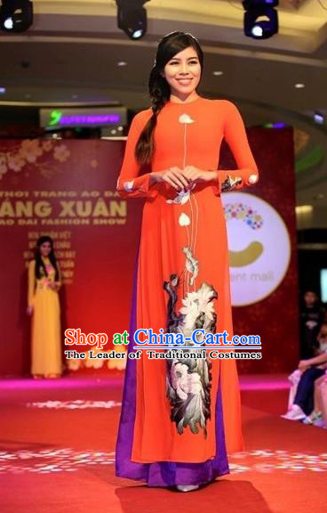 Traditional Top Grade Asian Vietnamese Costumes Classical Printing Flowers Full Dress, Vietnam National Ao Dai Dress Red Silk Qipao for Women