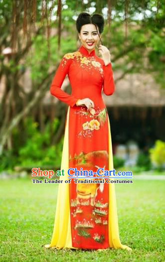 Traditional Top Grade Asian Vietnamese Costumes Classical Printing Wedding Full Dress, Vietnam National Ao Dai Dress Chinese Zodiac Sheep Red Qipao for Women