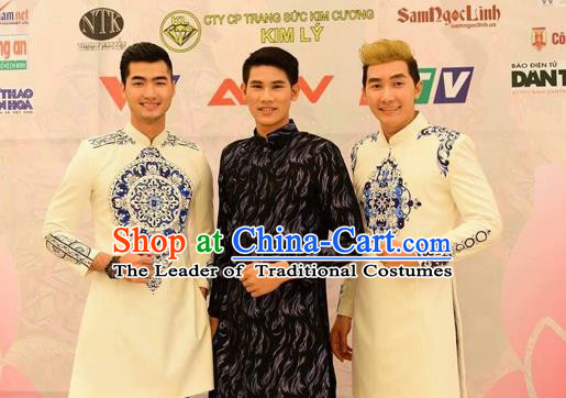 Traditional Top Grade Asian Vietnamese Costumes Classical Hand Printing Wedding Dress, Vietnam National Bridegroom Clothing for Men